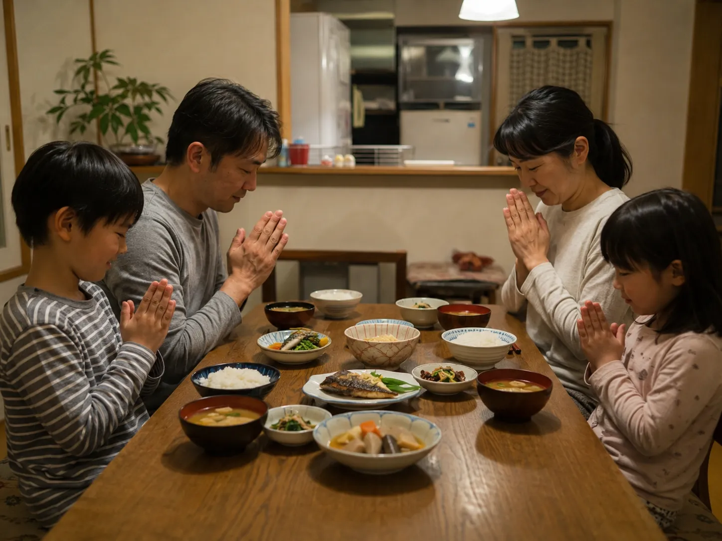 食卓に並ぶ料理と手を合わせる場面