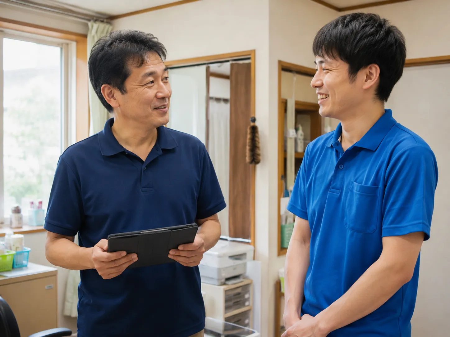 代表とスタッフが並んで話す場面