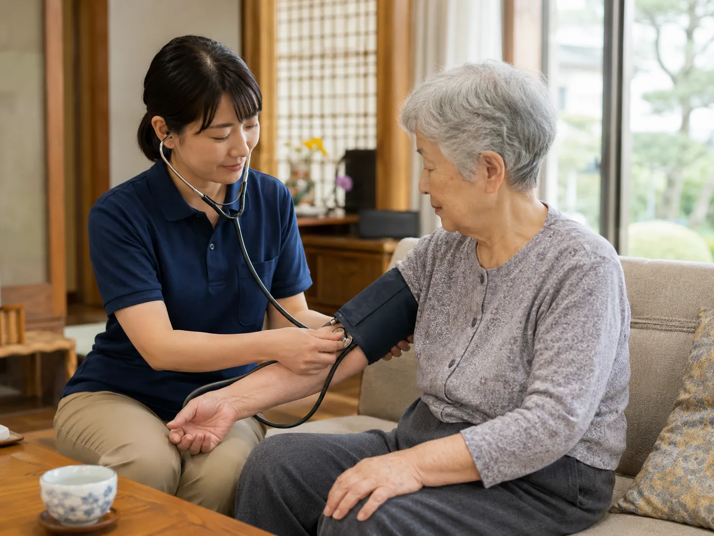血圧測定、聴診を行う訪問看護師