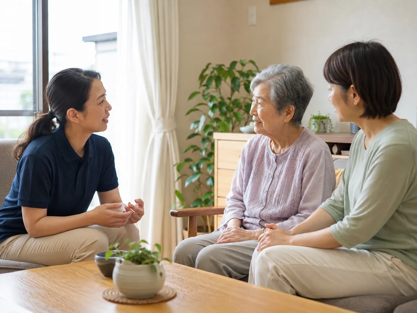 看護師と利用者、ご家族が料金について穏やかに話す様子