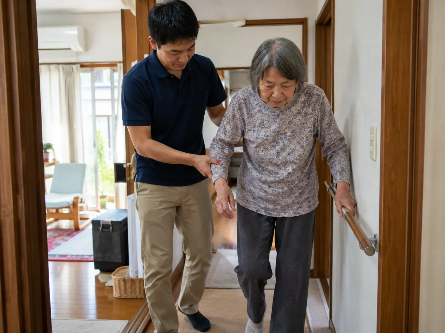 自宅の廊下で歩行を支えるスタッフと利用者