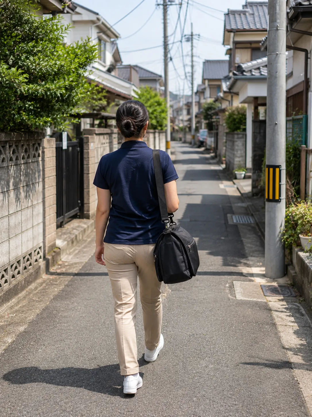 住宅街を訪問先へ歩く看護師の後ろ姿